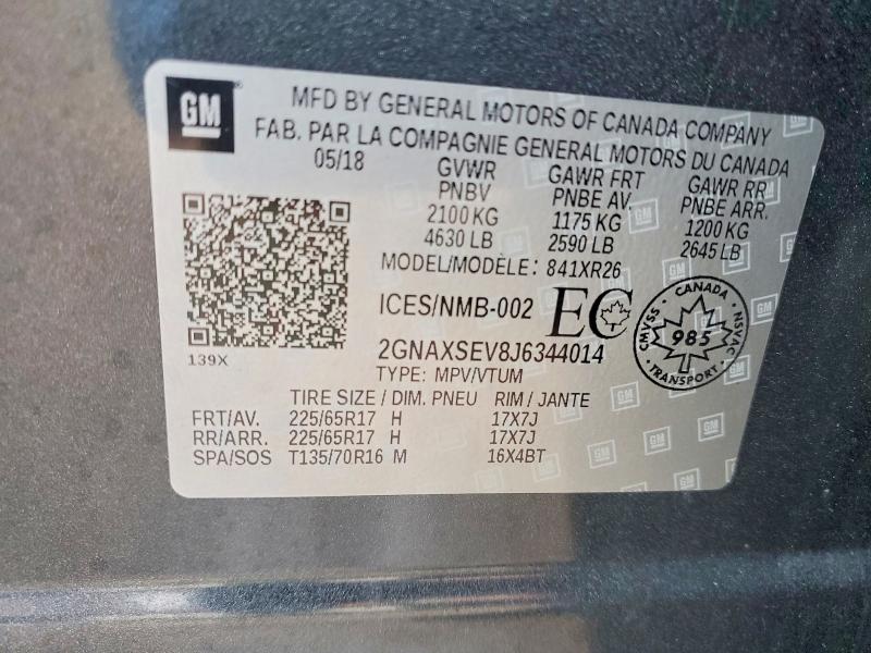 Продаж на аукціоні авто 2018 Chevrolet Equinox, vin: 2GNAXSEV8J6344014, номер лоту: 72326275