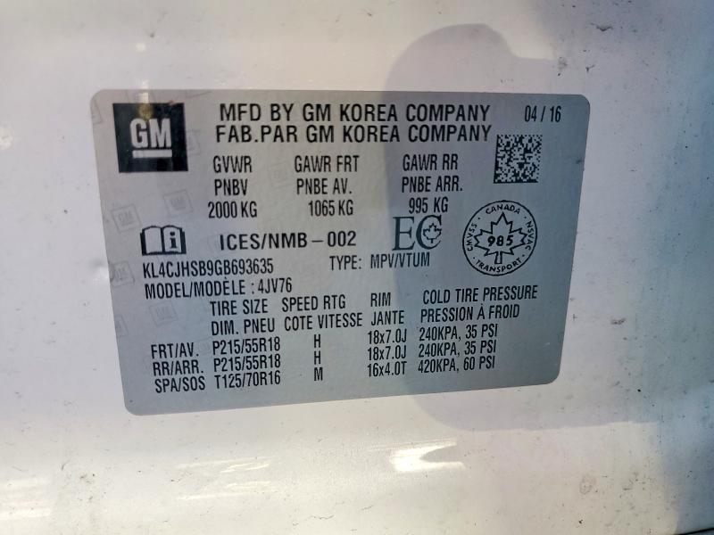 73253315 :رقم المزاد ، KL4CJHSB9GB693635 vin ، 2016 Buick Encore مزاد بيع