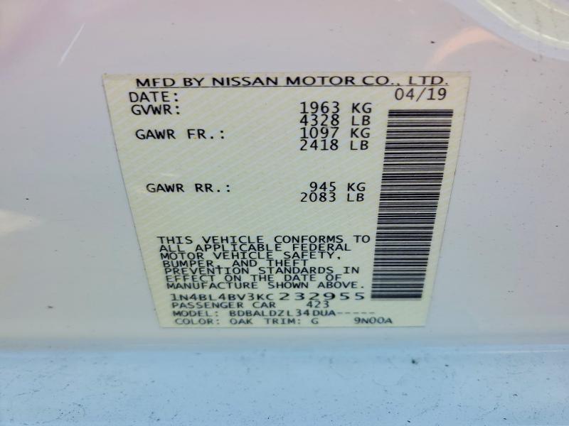 2019 Nissan Altima მანქანა იყიდება აუქციონზე, vin: 1N4BL4BV3KC232955, აუქციონის ნომერი: 73864175