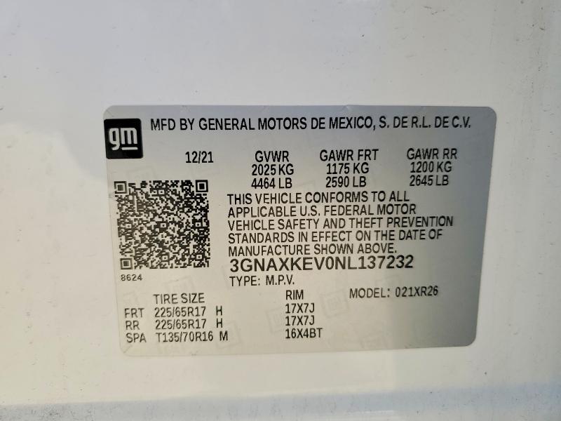 Продаж на аукціоні авто 2022 Chevrolet Equinox, vin: 3GNAXKEV0NL137232, номер лоту: 75274805