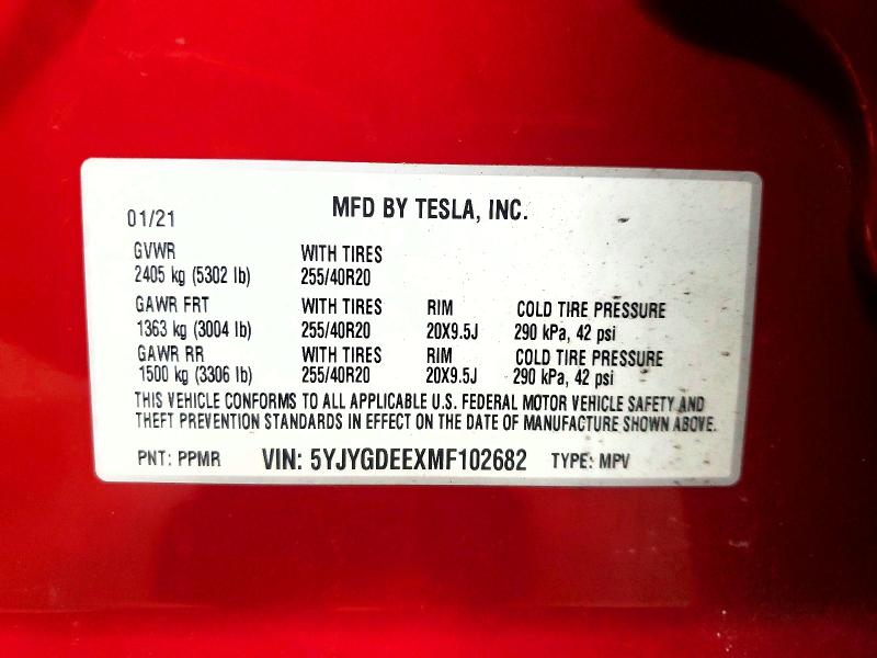 Продажа на аукционе авто 2021 Tesla Model Y, vin: 5YJYGDEEXMF102682, номер лота: 73392405