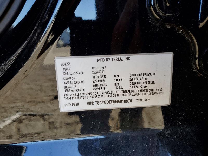 Продажа на аукционе авто 2022 Tesla Model Y, vin: 7SAYGDEE5NA018870, номер лота: 73873475