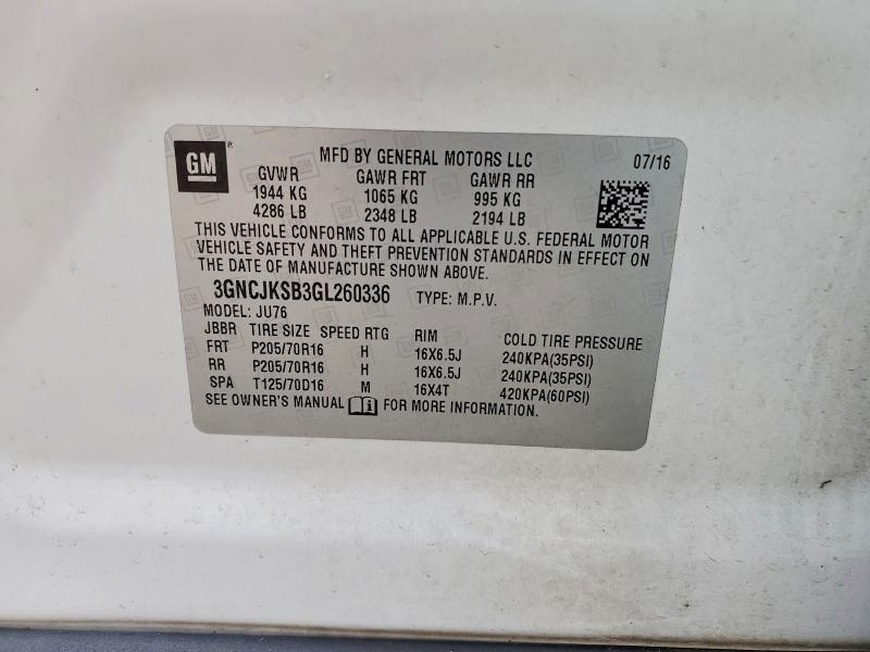 73061155 :رقم المزاد ، 3GNCJKSB3GL260336 vin ، 2016 Chevrolet Trax مزاد بيع