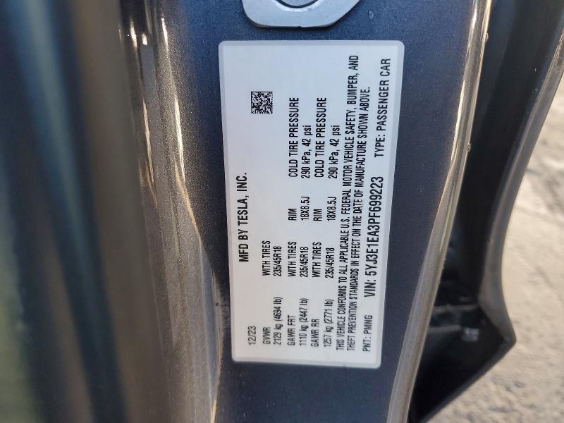 2023 Tesla Model 3 მანქანა იყიდება აუქციონზე, vin: 5YJ3E1EA3PF699223, აუქციონის ნომერი: 99637815