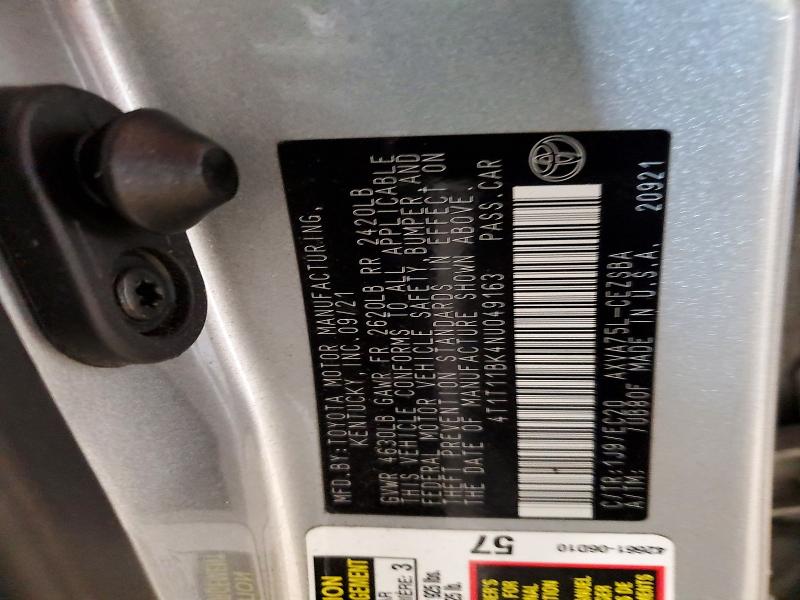 2022 Toyota Camry მანქანა იყიდება აუქციონზე, vin: 4T1T11BK4NU049163, აუქციონის ნომერი: 72424225