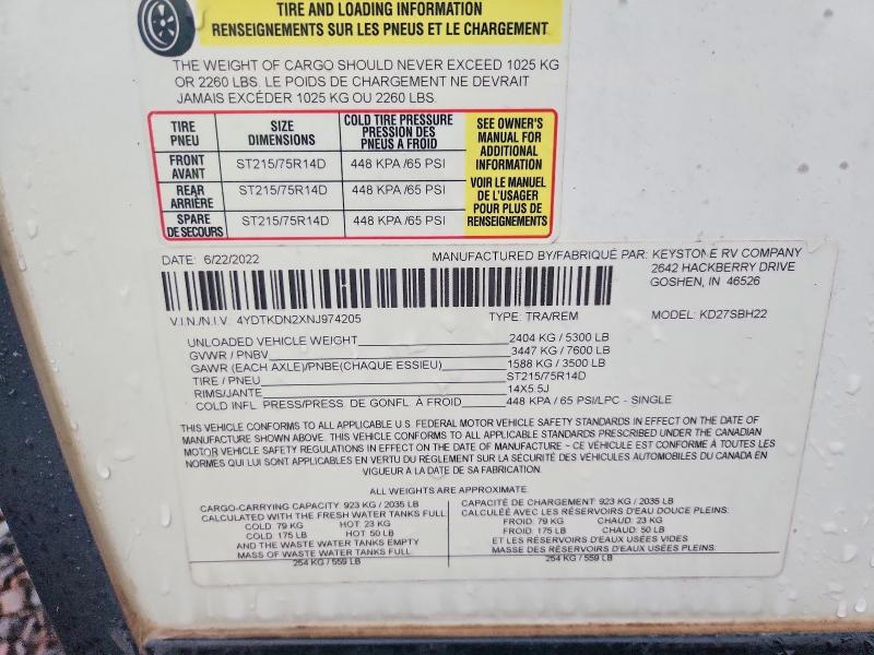 98471335 :رقم المزاد ، 4YDTKDN2XNJ974205 vin ، 2022 Keystone Kodiak Se مزاد بيع