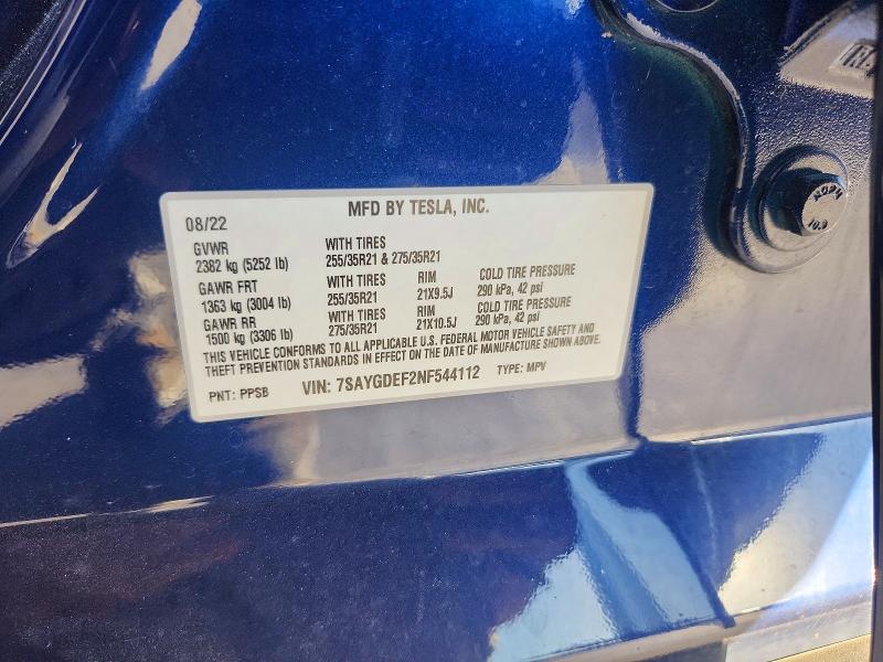 2022 Tesla Model Y მანქანა იყიდება აუქციონზე, vin: 7SAYGDEF2NF544112, აუქციონის ნომერი: 97538625