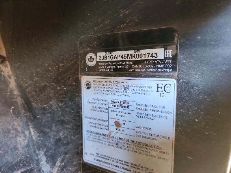 2021 Can Am Maverick მანქანა იყიდება აუქციონზე, vin: 3JB1GAP45MK001743, აუქციონის ნომერი: 75154315
