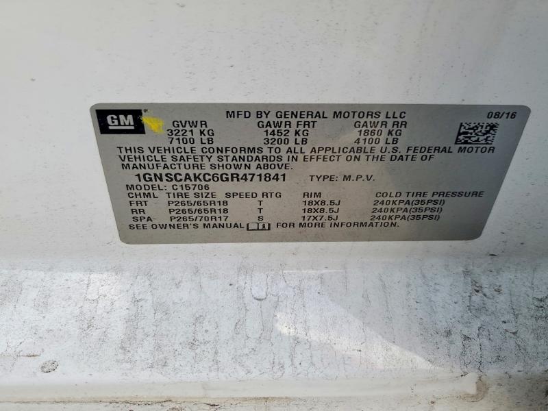Продаж на аукціоні авто 2016 Chevrolet Tahoe, vin: 1GNSCAKC6GR471841, номер лоту: 72552965