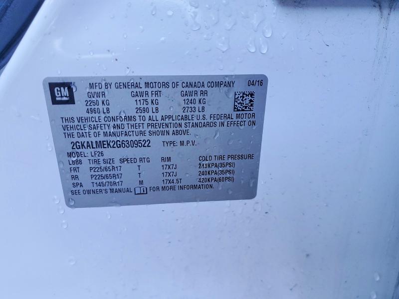 2016 Gmc Terrain მანქანა იყიდება აუქციონზე, vin: 2GKALMEK2G6309522, აუქციონის ნომერი: 75276455
