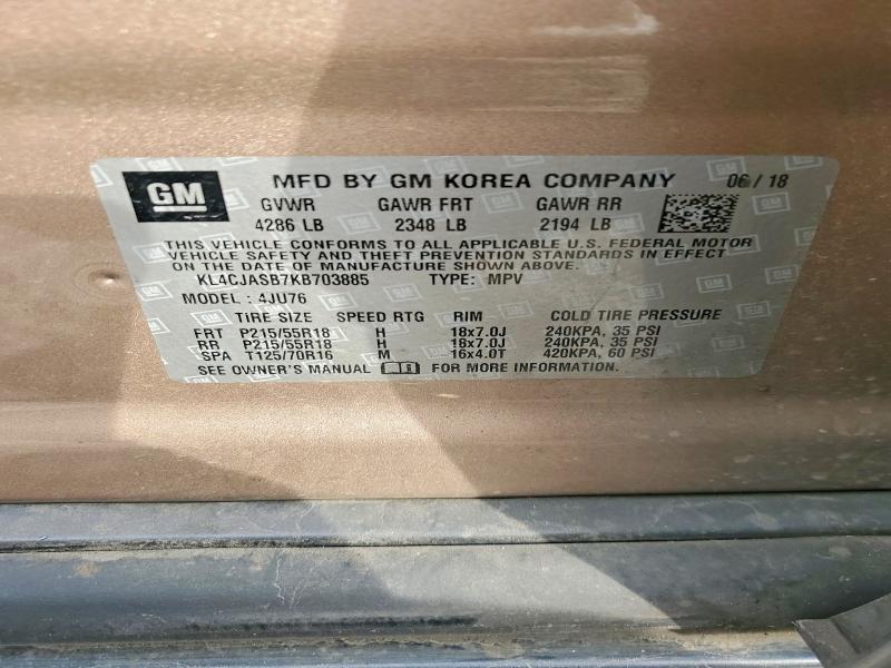 2019 Buick Encore მანქანა იყიდება აუქციონზე, vin: KL4CJASB7KB703885, აუქციონის ნომერი: 72125865