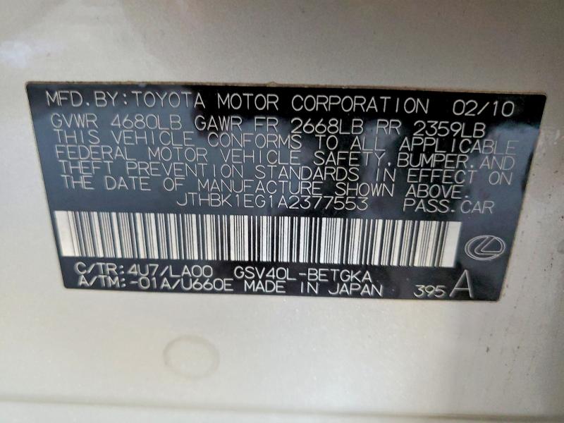Aukcja sprzedaży 2010 Lexus Es, vin: JTHBK1EG1A2377553, numer aukcji: 74042335