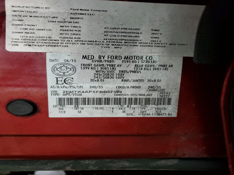 73151495 :رقم المزاد ، 2FMTK4APXFBB57399 vin ، 2015 Ford Edge مزاد بيع