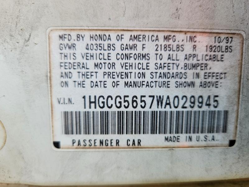 74295475 :رقم المزاد ، 1HGCG5657WA029945 vin ، 1998 Honda Accord مزاد بيع