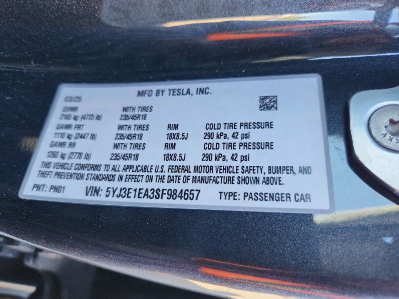 Продажа на аукционе авто 2025 Tesla Model 3, vin: 5YJ3E1EA3SF984657, номер лота: 72784665