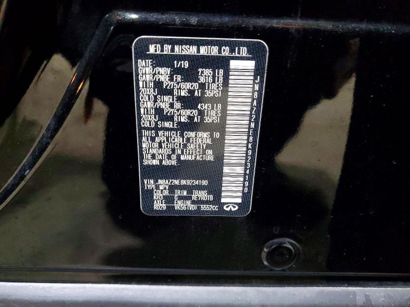 97831445 :رقم المزاد ، JN8AZ2NE8K9234190 vin ، 2019 Infiniti Qx80 مزاد بيع