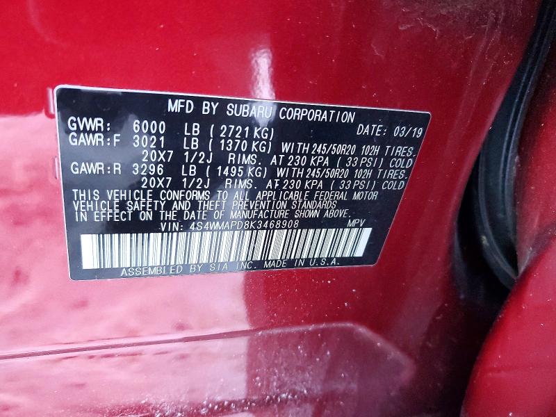 Aukcja sprzedaży 2019 Subaru Ascent, vin: 4S4WMAPD8K3468908, numer aukcji: 74872845