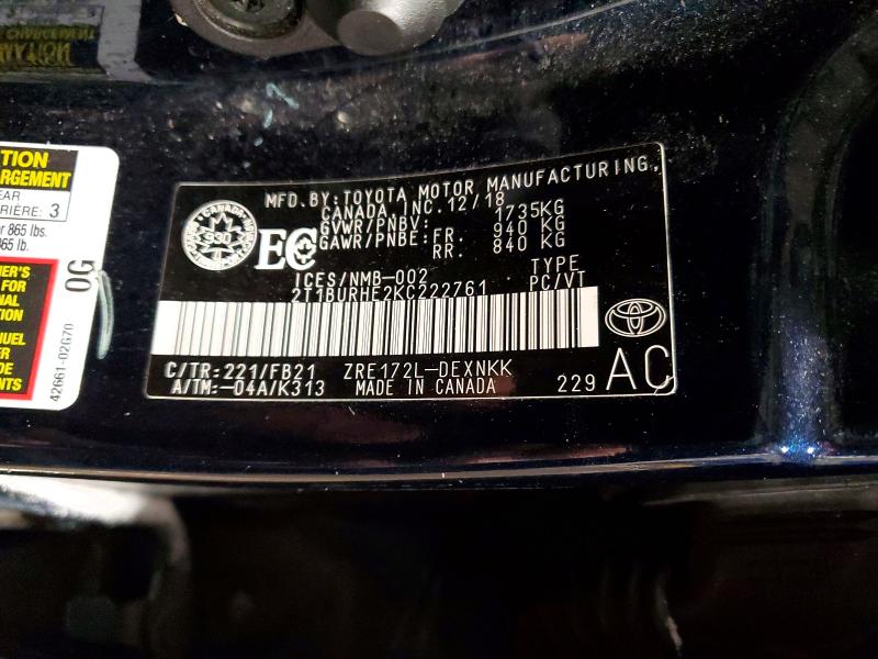73674975 :رقم المزاد ، 2T1BURHE2KC222761 vin ، 2019 Toyota Corolla مزاد بيع