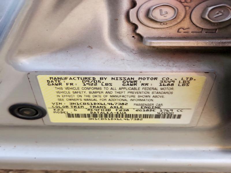 2006 Niss Sentra მანქანა იყიდება აუქციონზე, vin: 3N1CB51DX6L467382, აუქციონის ნომერი: 99172135