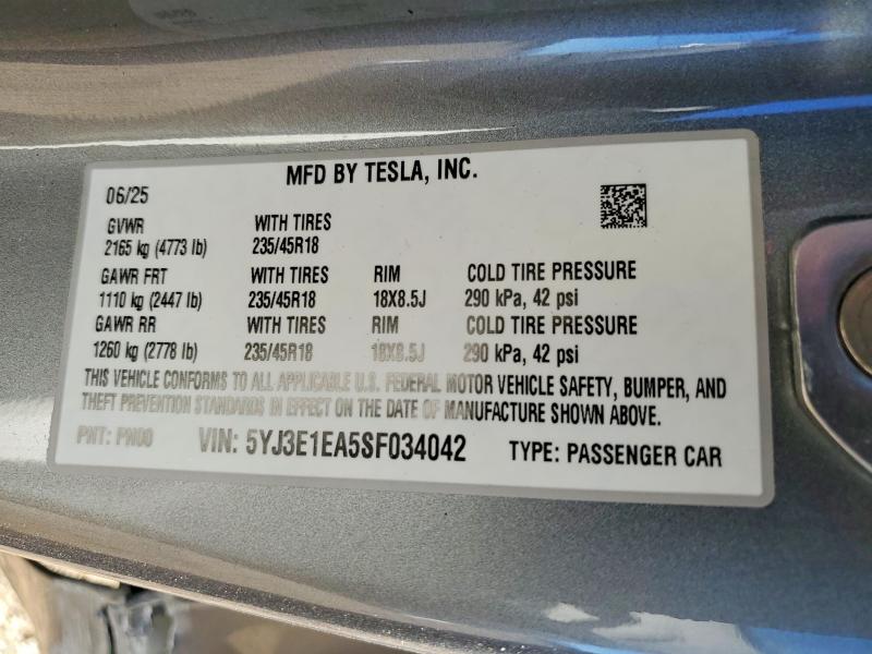 Aukcja sprzedaży 2025 Tesla Model 3, vin: 5YJ3E1EA5SF034042, numer aukcji: 73315435