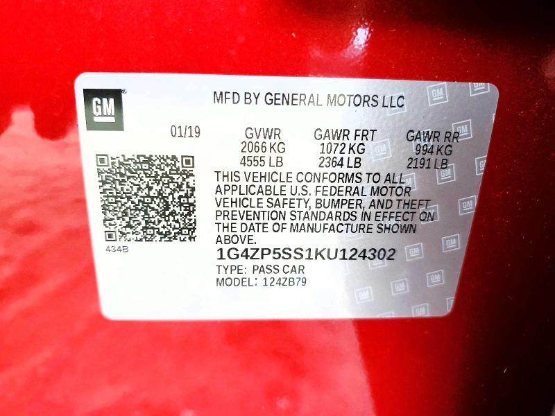 75282475 :رقم المزاد ، 1G4ZP5SS1KU124302 vin ، 2019 Buick Lacrosse مزاد بيع