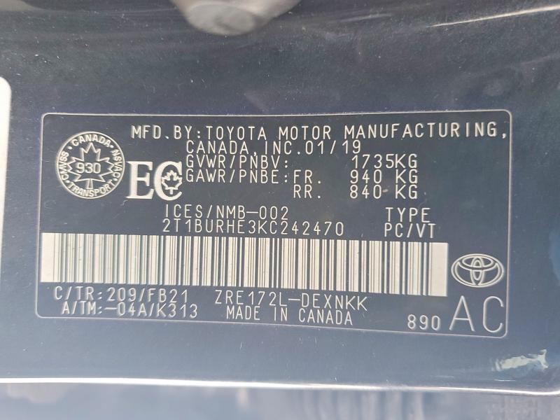 Продажа на аукционе авто 2019 Toyota Corolla, vin: 2T1BURHE3KC242470, номер лота: 72744385