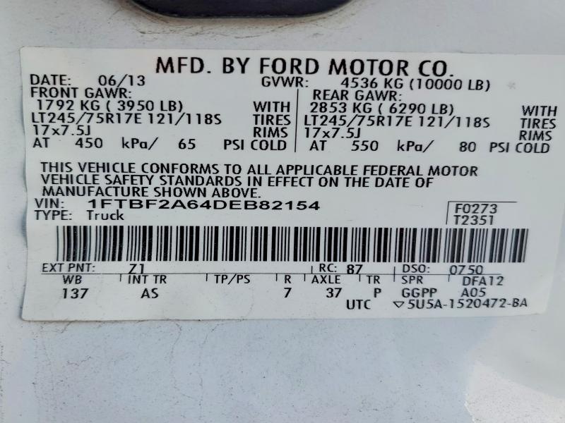 72277855 :رقم المزاد ، 1FTBF2A64DEB82154 vin ، 2013 Ford F250 Super مزاد بيع