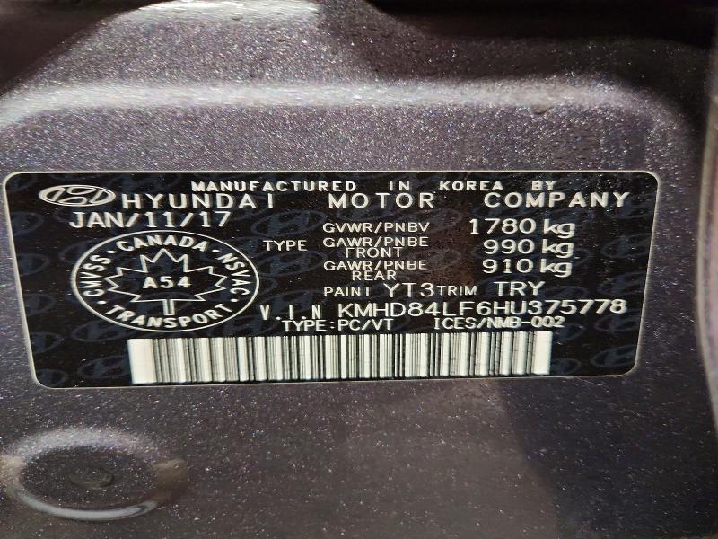 Aukcja sprzedaży 2017 Hyundai Elantra, vin: KMHD84LF6HU375778, numer aukcji: 98773635