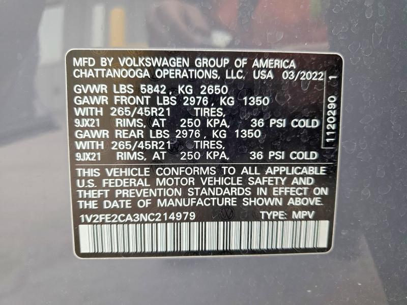 99166725 :رقم المزاد ، 1V2FE2CA3NC214979 vin ، 2022 Volkswagen Atlas Cross Sport مزاد بيع