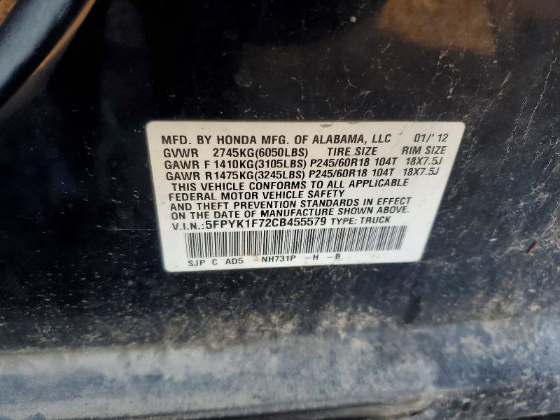 97585065 :رقم المزاد ، 5FPYK1F72CB455579 vin ، 2012 Honda Ridgeline مزاد بيع