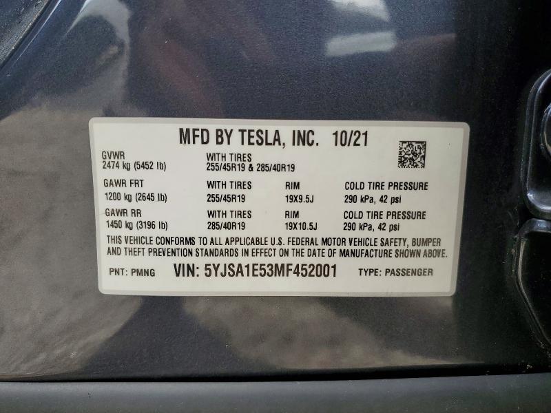 99058425 :رقم المزاد ، 5YJSA1E53MF452001 vin ، 2021 Tesla Model S مزاد بيع