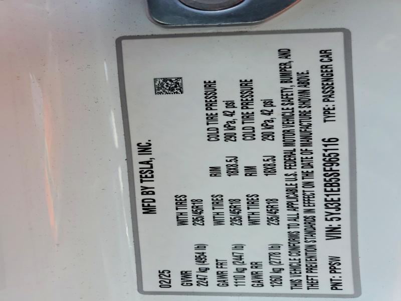 73841055 :رقم المزاد ، 5YJ3E1EB5SF965116 vin ، 2025 Tesla Model 3 مزاد بيع
