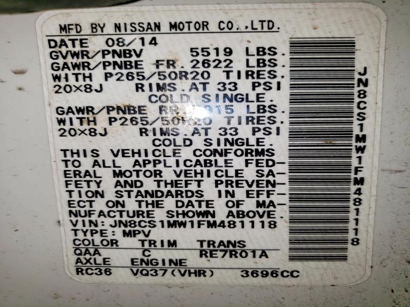Aukcja sprzedaży 2015 Infiniti Qx70, vin: JN8CS1MW1FM481118, numer aukcji: 98682205