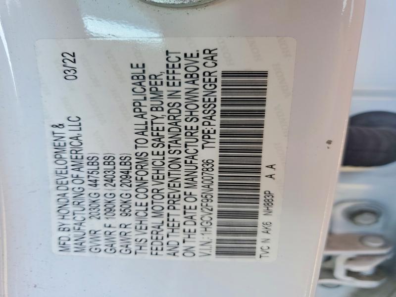 74404255 :رقم المزاد ، 1HGCV2F95NA007836 vin ، 2022 Honda Accord مزاد بيع