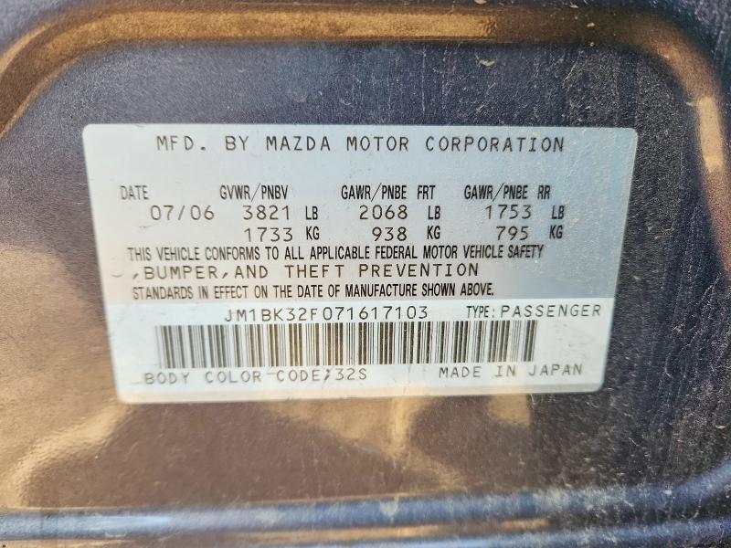 Продажа на аукционе авто 2007 Mazda 3, vin: JM1BK32F071617103, номер лота: 72261945