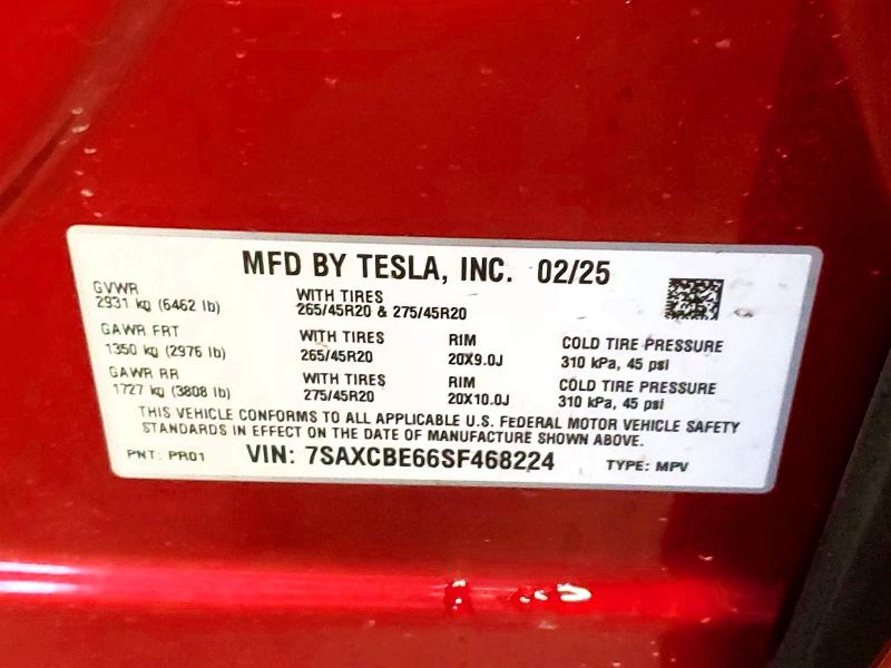 73002985 :رقم المزاد ، 7SAXCBE66SF468224 vin ، 2025 Tesla Model X مزاد بيع
