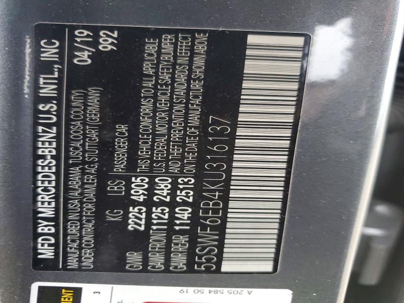 Продаж на аукціоні авто 2019 Mercedes-benz C, vin: 55SWF6EB4KU316137, номер лоту: 98486225