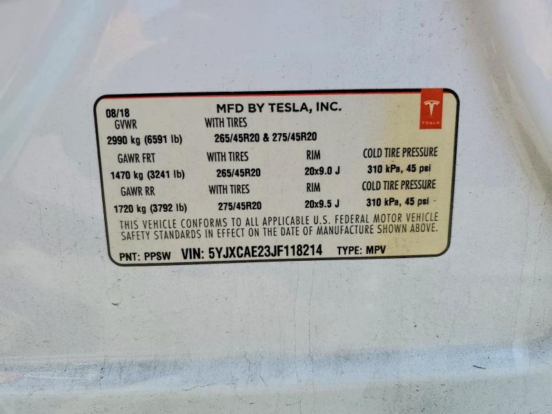 74882255 :رقم المزاد ، 5YJXCAE23JF118214 vin ، 2018 Tesla Model X مزاد بيع