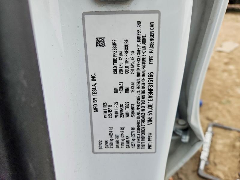 Aukcja sprzedaży 2022 Tesla Model 3, vin: 5YJ3E1EA9NF315166, numer aukcji: 98706975