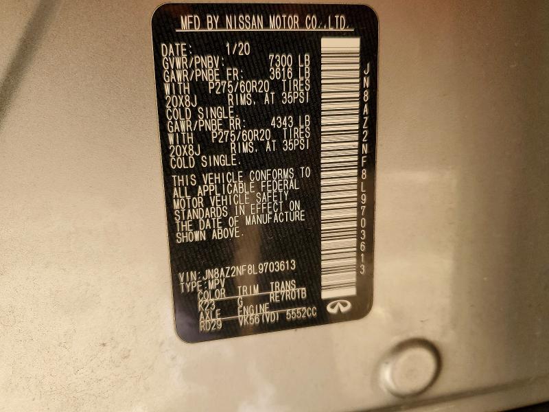 99434325 :رقم المزاد ، JN8AZ2NF8L9703613 vin ، 2020 Infiniti Qx80 Luxe مزاد بيع