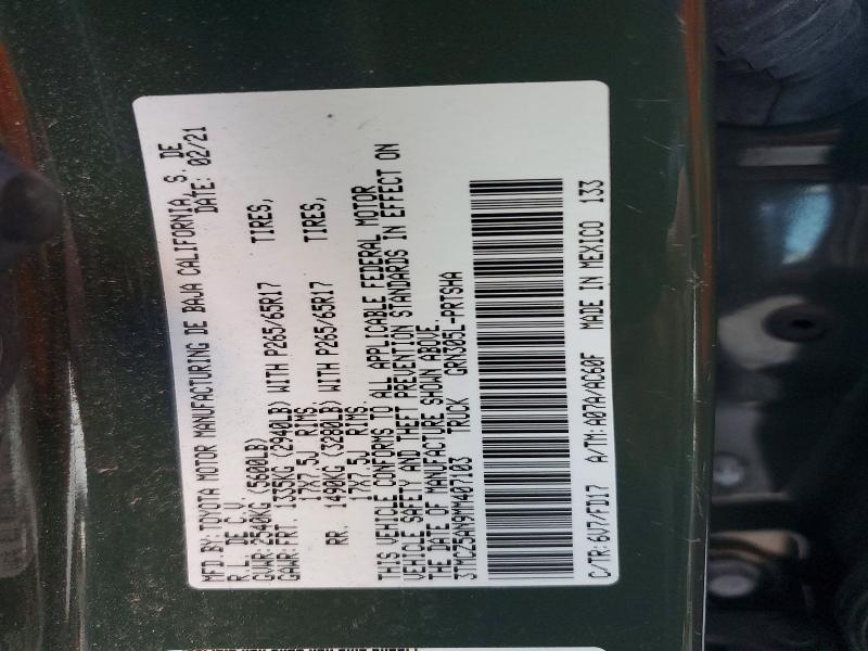 73165865 :رقم المزاد ، 3TMCZ5AN9MM407103 vin ، 2021 Toyota Tacoma مزاد بيع