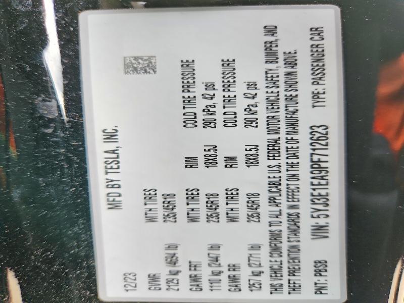 2023 Tesla Model 3 მანქანა იყიდება აუქციონზე, vin: 5YJ3E1EA9PF712623, აუქციონის ნომერი: 74551245