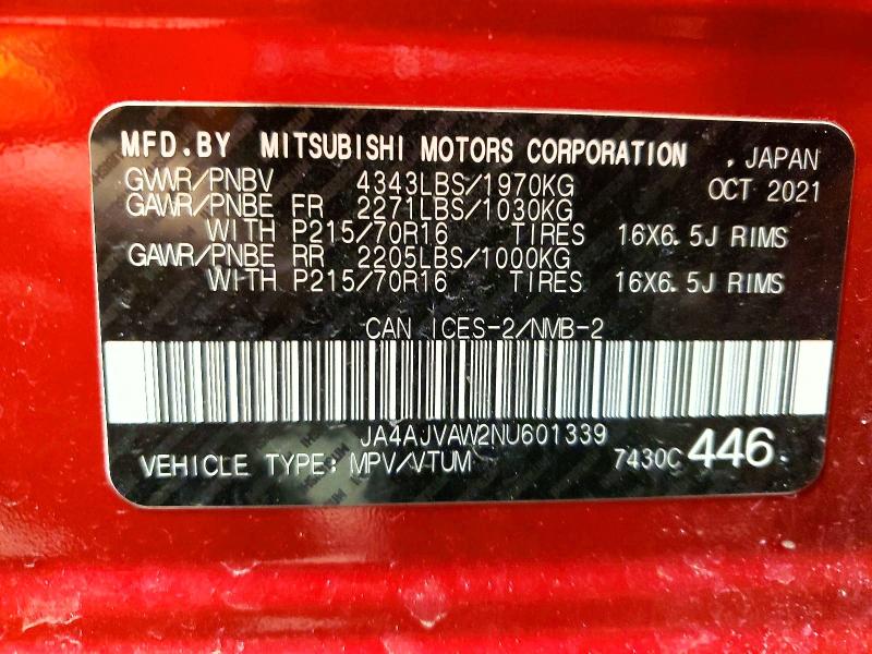 Aukcja sprzedaży 2022 Mitsubishi Rvr, vin: JA4AJVAW2NU601339, numer aukcji: 98510075