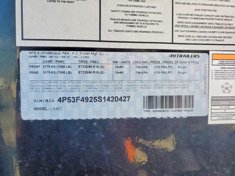 74849905 :رقم المزاد ، 4P53F4925S1420427 vin ، 2025 Pj Unknown مزاد بيع
