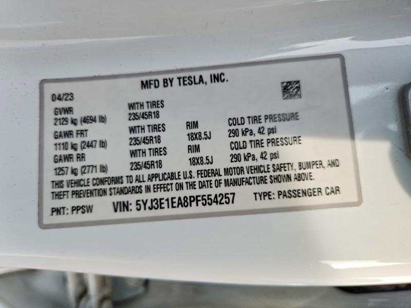 Продаж на аукціоні авто 2023 Tesla Model 3, vin: 5YJ3E1EA8PF554257, номер лоту: 74294245
