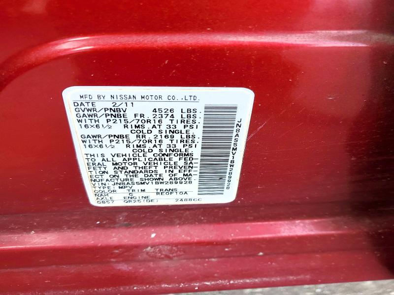 99844835 :رقم المزاد ، JN8AS5MV1BW289928 vin ، 2011 Nissan Rogue مزاد بيع