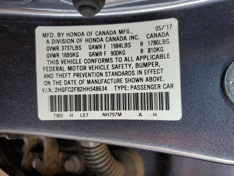 2017 Honda Civic მანქანა იყიდება აუქციონზე, vin: 2HGFC2F82HH548634, აუქციონის ნომერი: 99522565