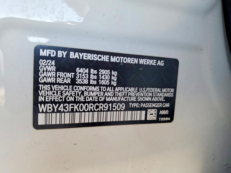 74911045 :رقم المزاد ، WBY43FK00RCR91509 vin ، 2024 Bmw I5 مزاد بيع