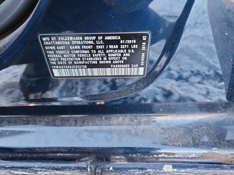 74437065 :رقم المزاد ، 1VWAA7A34JC022728 vin ، 2018 Volkswagen Passat مزاد بيع