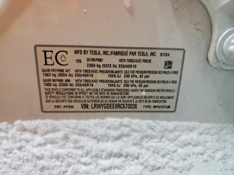 97527945 :رقم المزاد ، LRWYGDEE0RC670036 vin ، 2024 Tesla Model Y مزاد بيع
